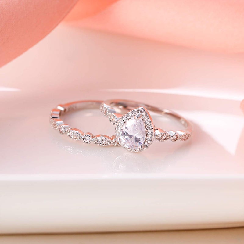 EVER FAITH Bridal Engagement Jewelry Valentine Gift White Cubic Zirconia Pear Shaped Teardrop Promise Ring Set Size 7 - Image 3